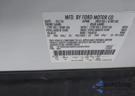 2016 Ford Explorer Xlt из США, поврежденный, VIN 1FM5K8D88GGD20369